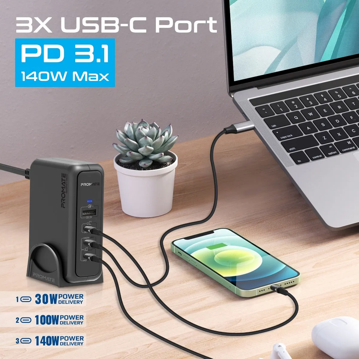 140W Super-Speed GaNFast™ Charging Station with Power Delivery 3.1 & Quick Charge 3.0