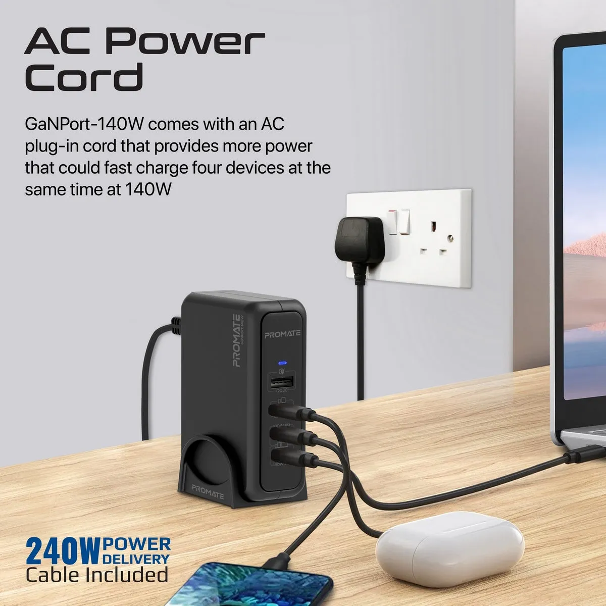 140W Super-Speed GaNFast™ Charging Station with Power Delivery 3.1 & Quick Charge 3.0