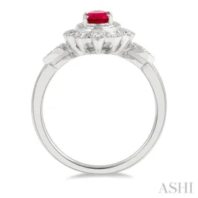 1/8 Ctw Lattice Reverse Taper Shank Round Cut Diamond & 6x4MM Oval Cut Ruby Precious Ring in 10K White Gold