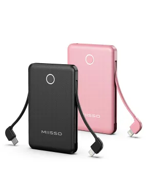 2-Pack 6000mah Ultra Slim Built in Cables Power Bank, Card Size Built in USB C Cords Battery Pack Portable Charger for Phones, 3 Output External Battery Pack Compatible with iPhone, Black & Pink