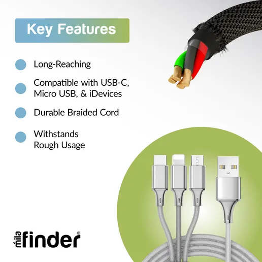 3 in 1 USB Braided Round Charging and Data Cable 10Ft with Micro USB, iOS, and Type C