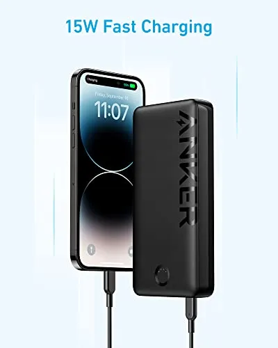 Anker Portable Charger, 20,000mAh Power Bank, Battery Pack with 2-Port, 15W High-Speed Charging for iPhone 15/15 Plus/15 Pro/15 Pro Max, 14/13/12 Series, Samsung Galaxy, and More (Black)