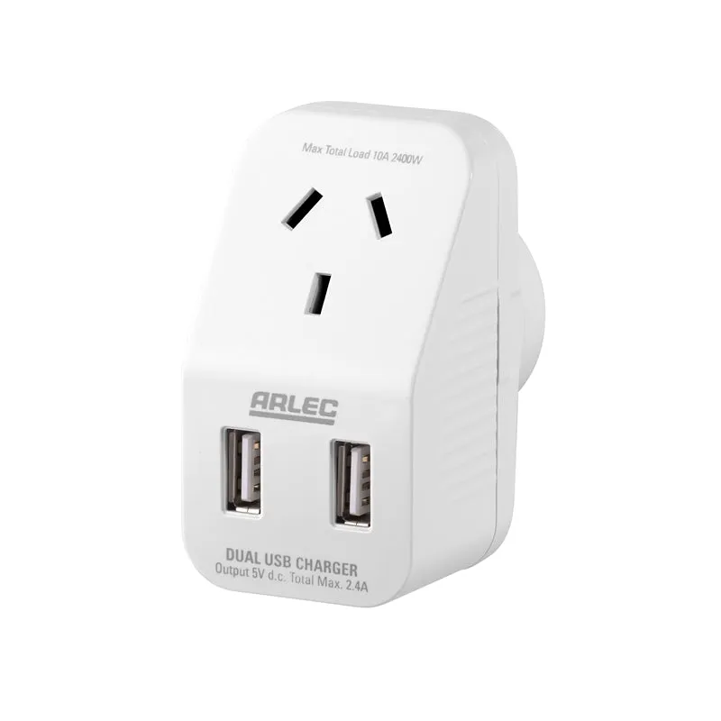 Arlec Compact Single Adaptor With Double USB Charger