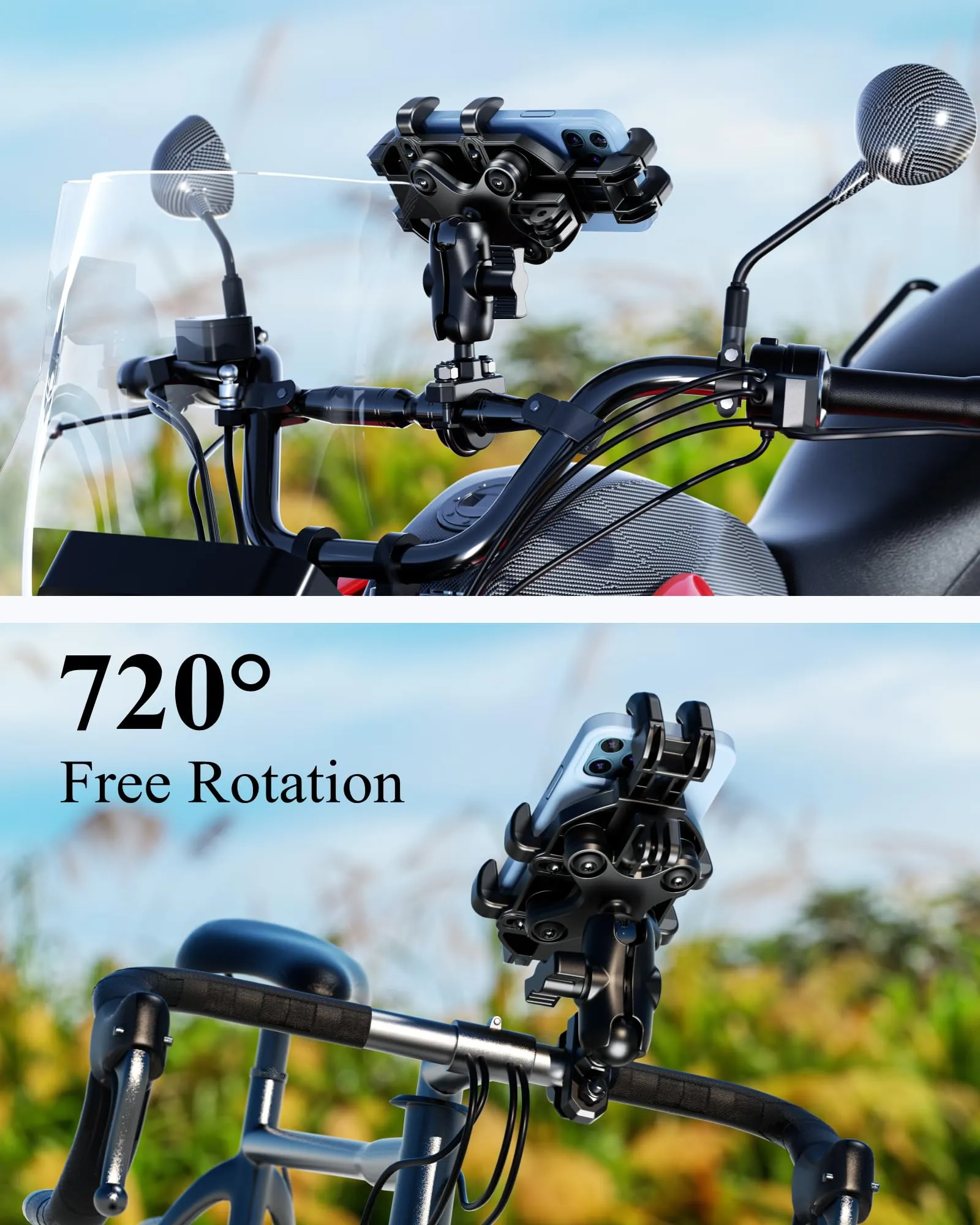 BRCOVAN Motorcycle Phone Holder with Vibration Dampener, Anti-Shake Motorcycle Phone Mount, Adjustable Handlebar Cellphone Holder for Motorcycle Bike Bicycle Scooter ATV Fit 5.4''-7.2'' Smartphone