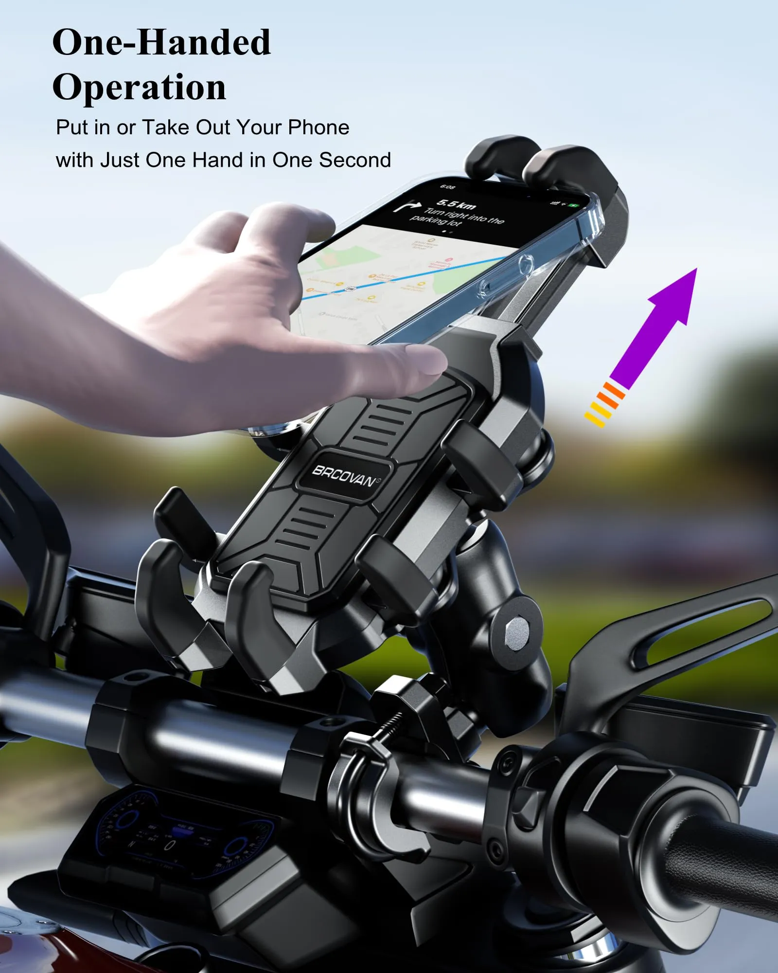 BRCOVAN Motorcycle Phone Holder with Vibration Dampener, Anti-Shake Motorcycle Phone Mount, Adjustable Handlebar Cellphone Holder for Motorcycle Bike Bicycle Scooter ATV Fit 5.4''-7.2'' Smartphone