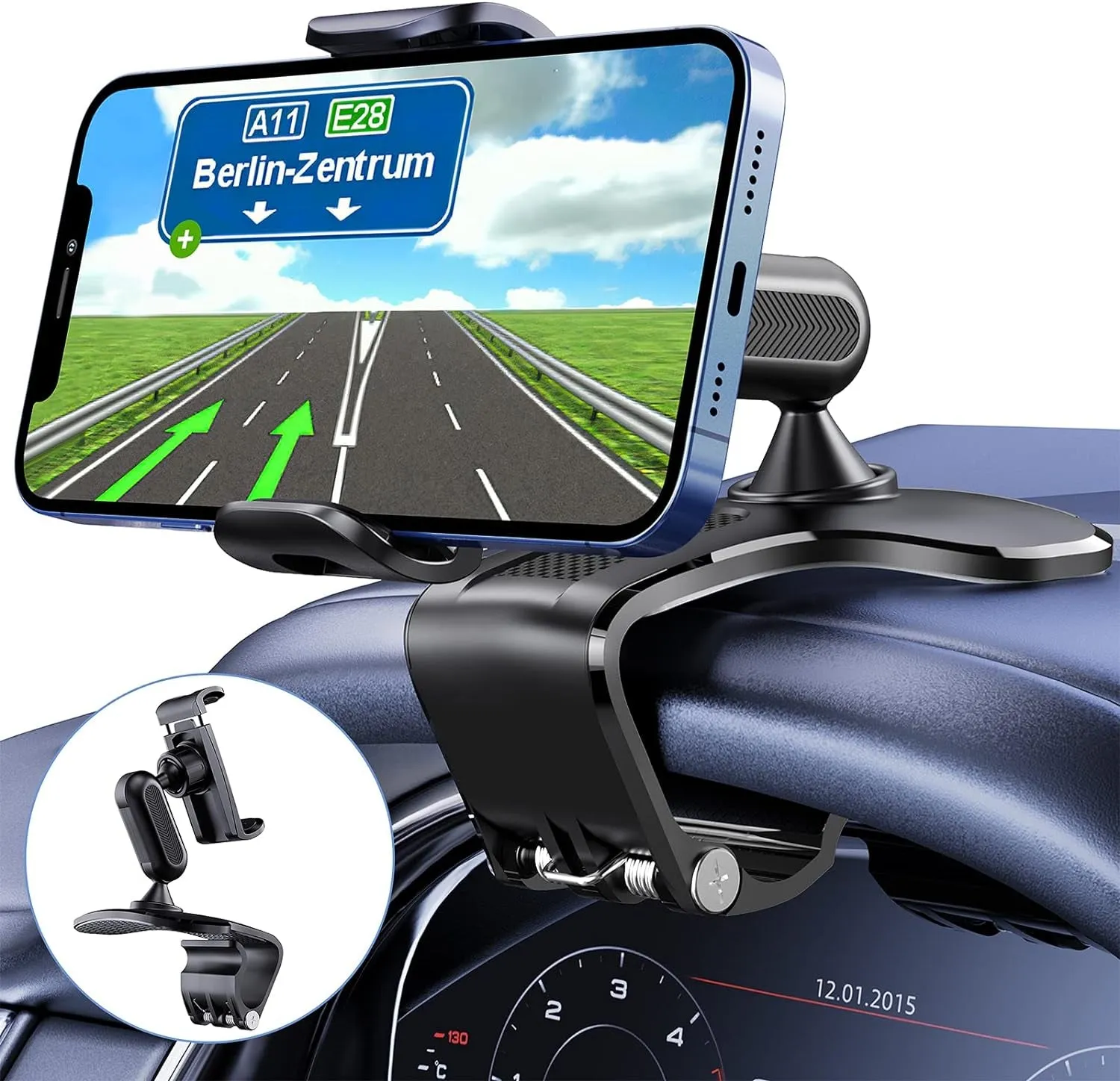 Car Phone Holder Mount 360 Degree Rotation Dashboard Cell Phone Holder for Car Clip Mount Stand Suitable for 4 to 7 Inch Smartphones (Black)