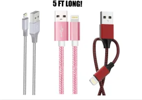 Charger Compatible for Iphone Cable Bundle 3 Pack ( 5 FT Cables) Silver , Red , Pink