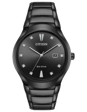 Citizen Mens Eco-Drive Diamond Watch - Black Dial & Case - Bracelet - Date