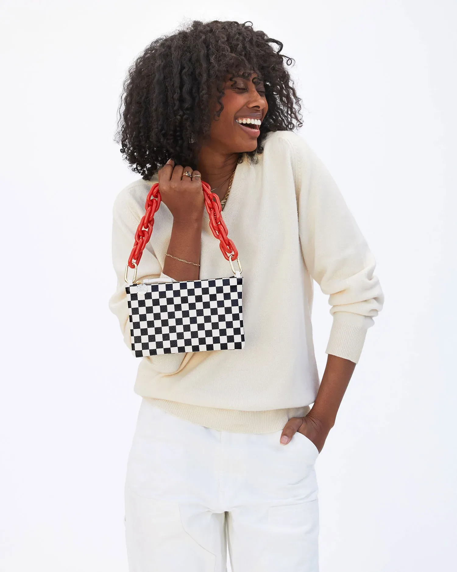 Clare V. - Wallet Clutch with Tabs in Cream Goat with Black Checkers