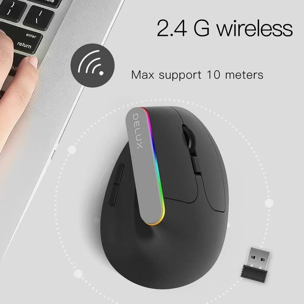 Delux M618C 2.4G Wireless Vertical Ergonomic Mouse with USB Receiver (Black)