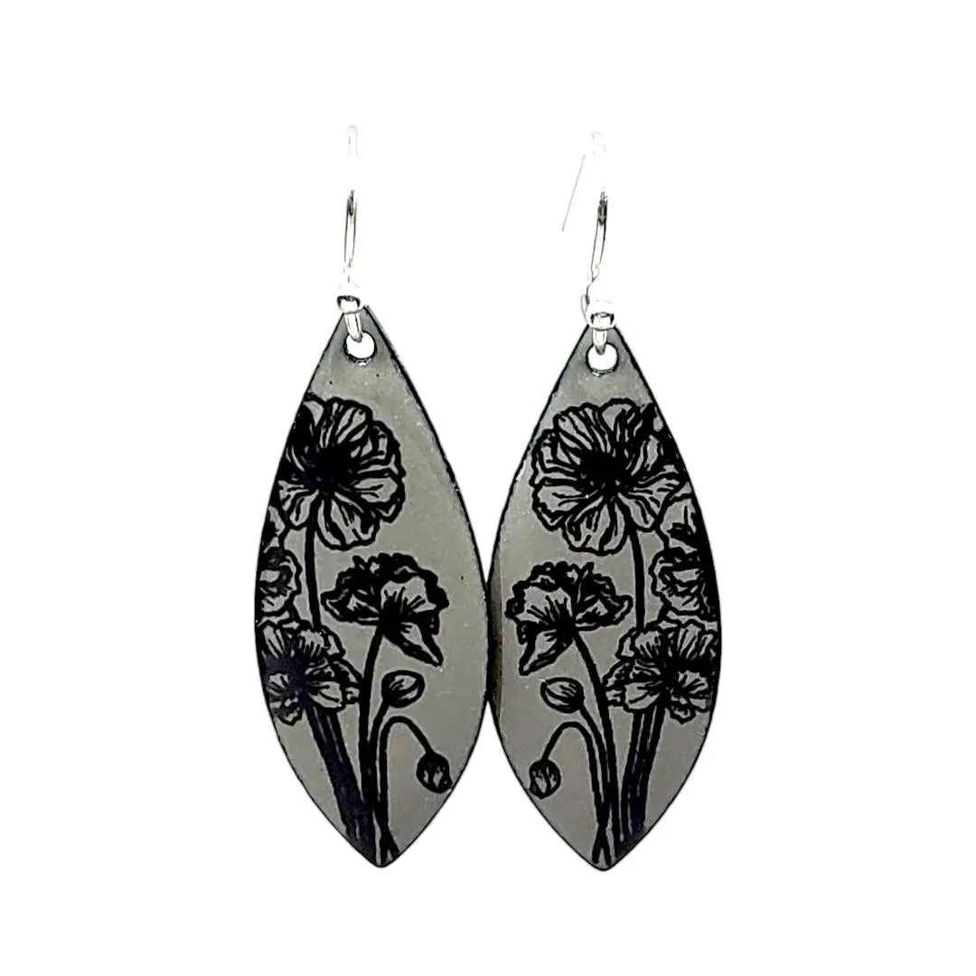 Earrings - Long Leaf Anemone Floral (Deep Gray) by Magpie Mouse Studios