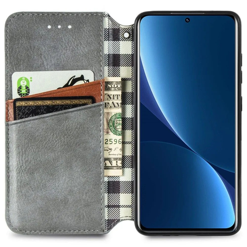 Leather case with a stylish rhombus imprint for Xiaomi 12 Pro - Grey