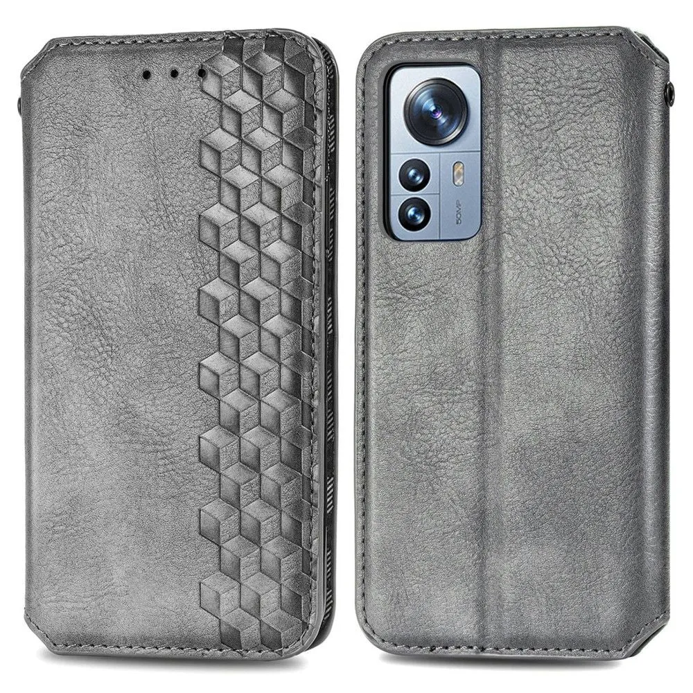 Leather case with a stylish rhombus imprint for Xiaomi 12 Pro - Grey