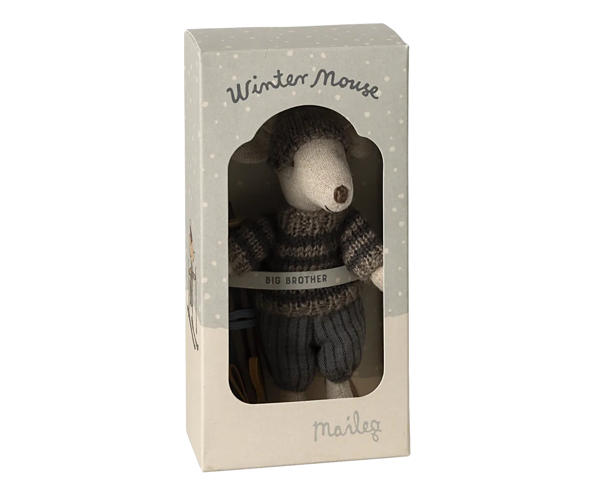 Maileg Grey Winter Mouse with Ski Set – Big Brother