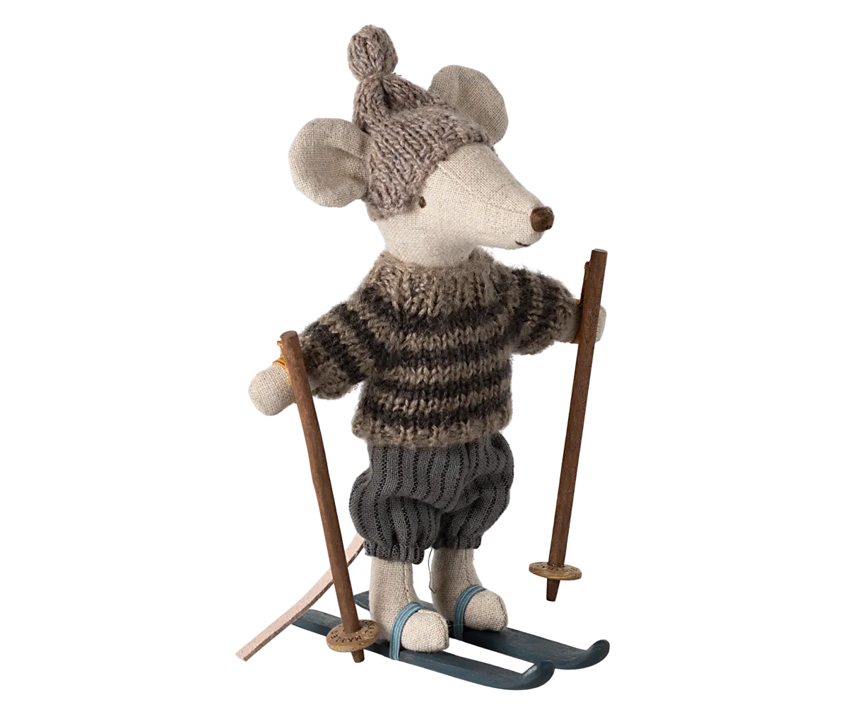 Maileg Grey Winter Mouse with Ski Set – Big Brother