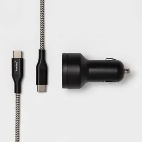 New - USB Car Charger with 6' USB-C to USB-C Braided Cable - heyday Matte Black