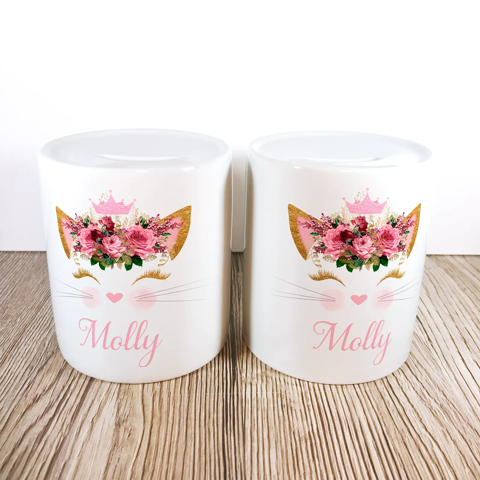 Personalised Kitty Money Pot | Pink Flowers with Crown