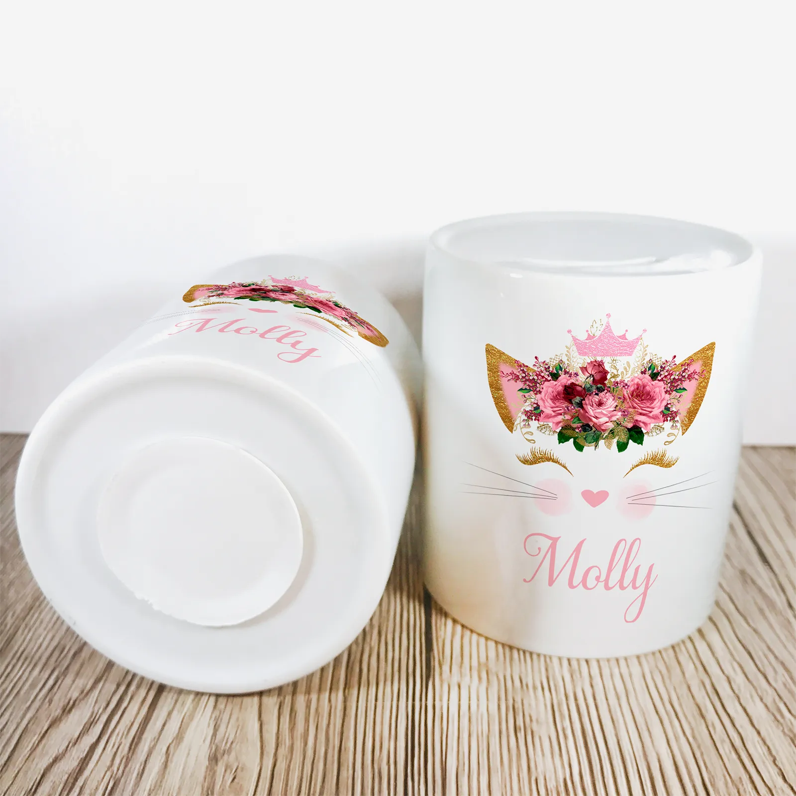 Personalised Kitty Money Pot | Pink Flowers with Crown