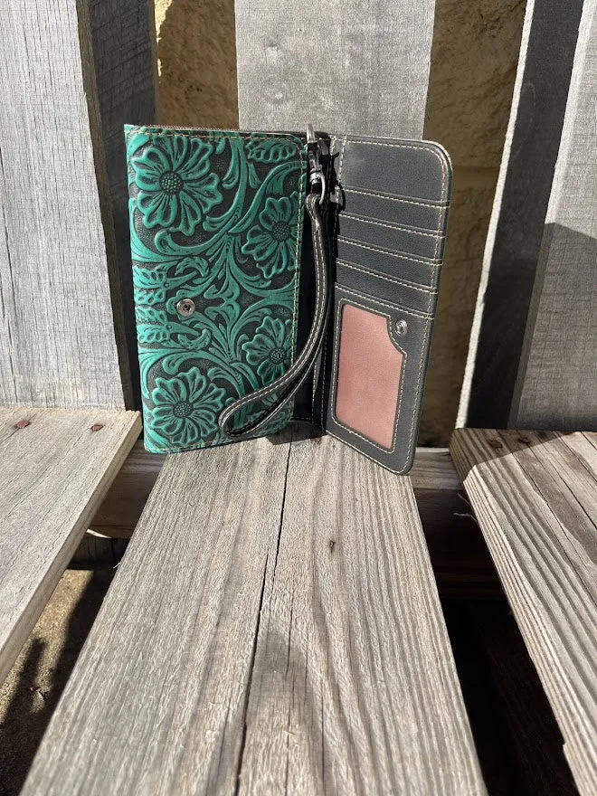 PH-04 Turquoise with Tooled Trim Phone Case Wristlet Wallet