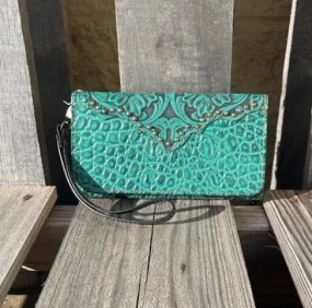 PH-04 Turquoise with Tooled Trim Phone Case Wristlet Wallet