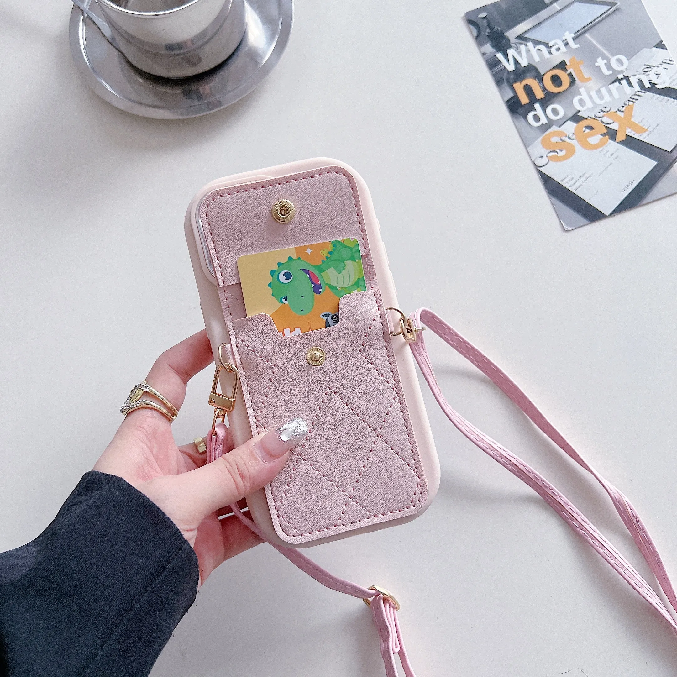 Pink Silicon Phone Case With Card-Cash Wallet For iPhone 15