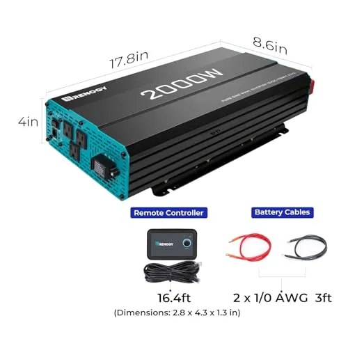 Renogy 2000W Pure Sine Wave Inverter 12V DC to 120V AC Converter for Home, RV, Truck, Off-Grid Solar Power Inverter 12V to 110V with Built-in 5V/2.1A USB / Hardwire Port, Remote Controller