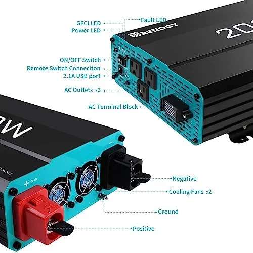 Renogy 2000W Pure Sine Wave Inverter 12V DC to 120V AC Converter for Home, RV, Truck, Off-Grid Solar Power Inverter 12V to 110V with Built-in 5V/2.1A USB / Hardwire Port, Remote Controller