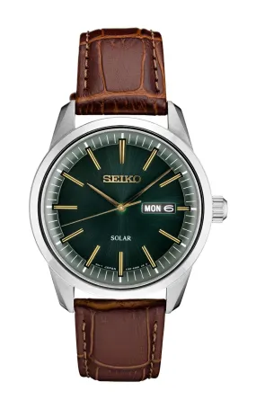 Seiko Essential Solar Men's Watch Green Dial Brown Leather SNE529