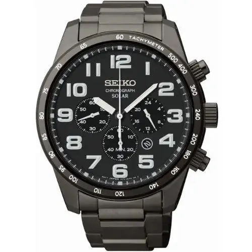 Seiko Men's Solar Chronograph Black Ion-Plated Stainless Steel Watch SSC231