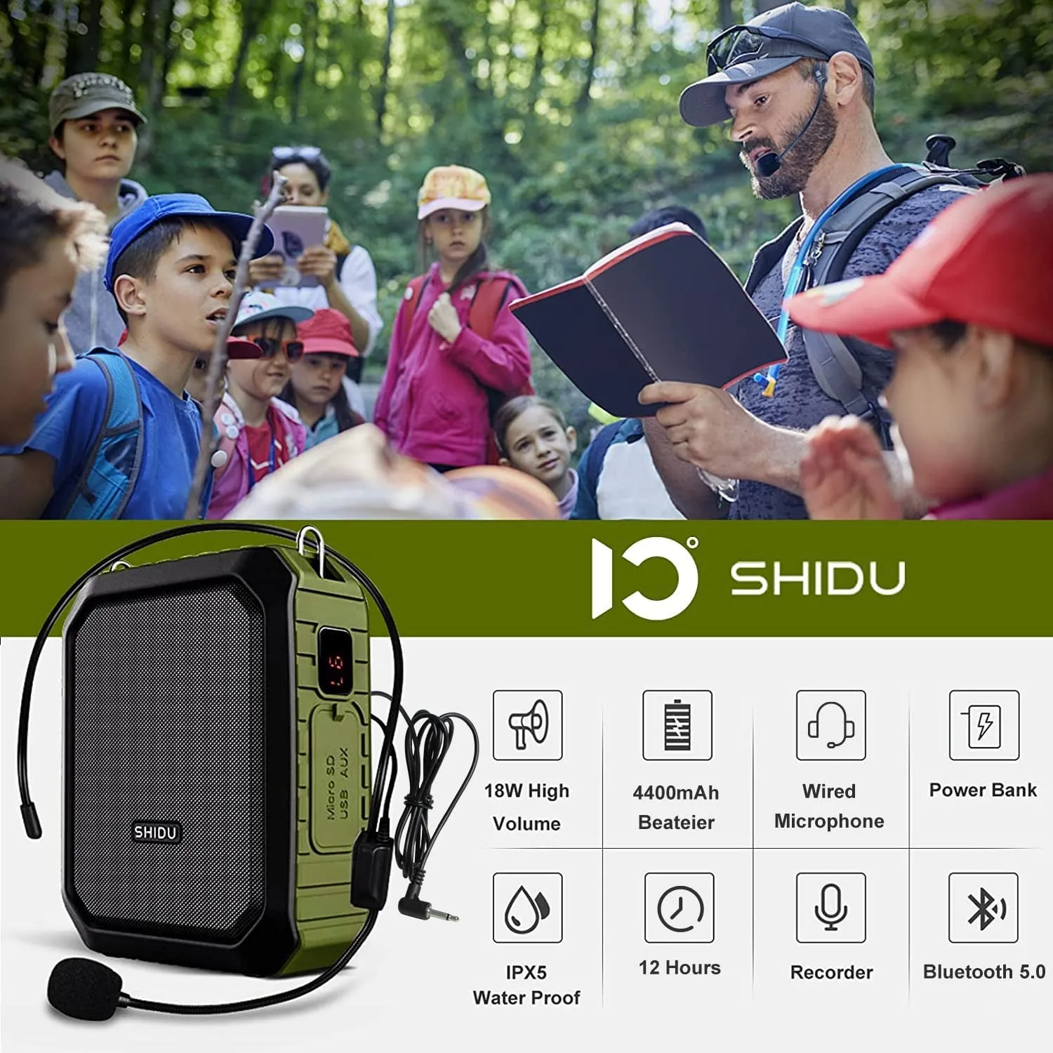 Shidu Voice Amplifier for Teachers, PA System Speaker 18W Portable Megaphone (Work of 12 Hrs) with Wired Mic Headset,Waterproof Ipx 5&Built-In Rechargeable 4400Mah Battery.For Teaching, Meeting&Speech