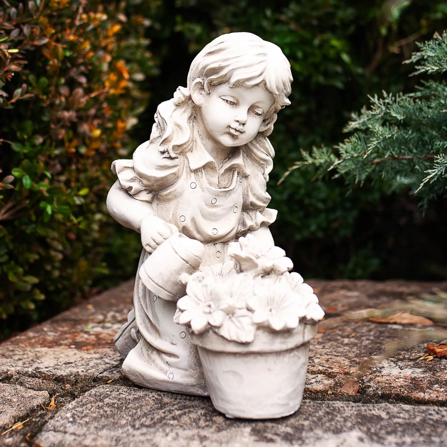 Solar Girl Watering Flowers Statue in Natural Resin Finish, 12 Inch