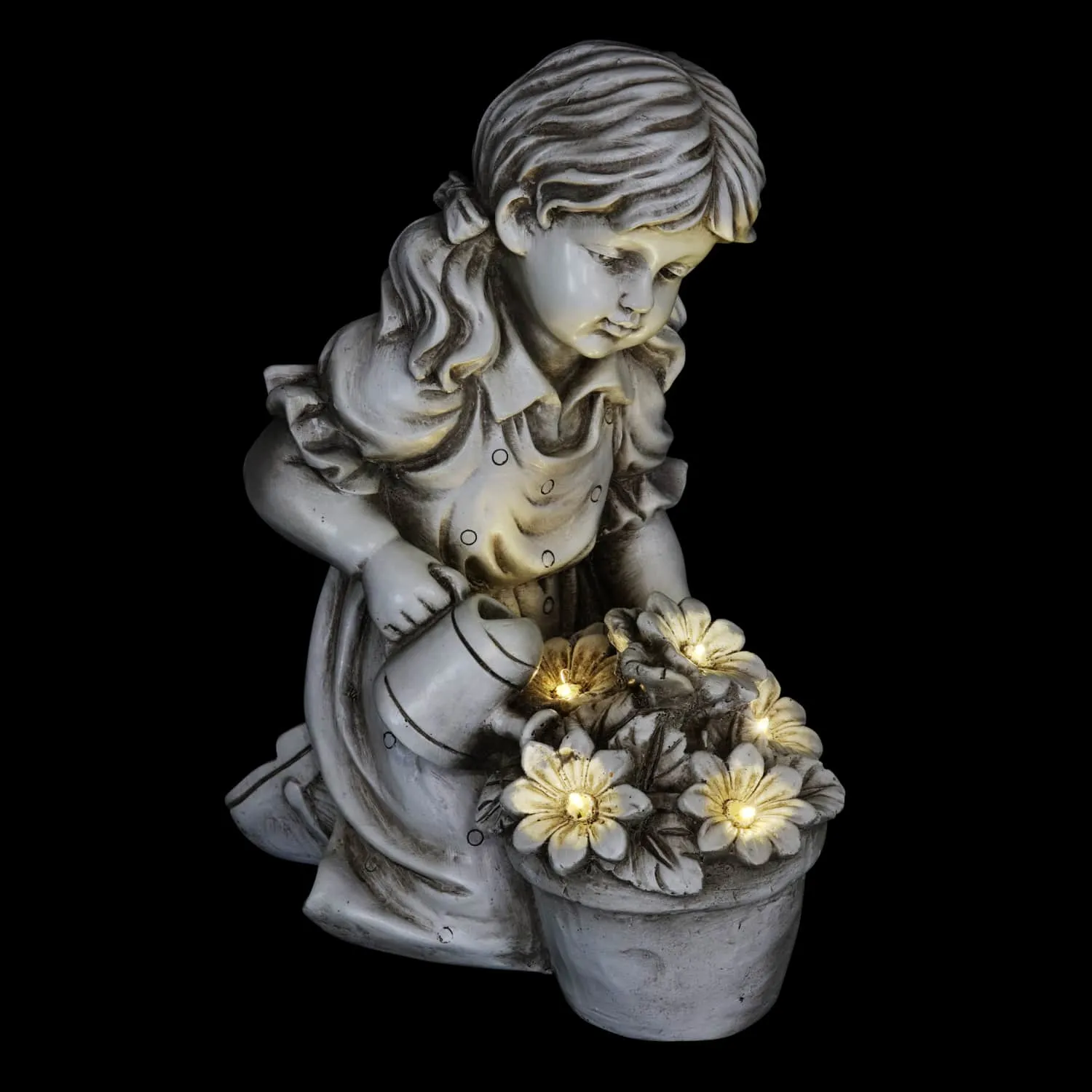 Solar Girl Watering Flowers Statue in Natural Resin Finish, 12 Inch