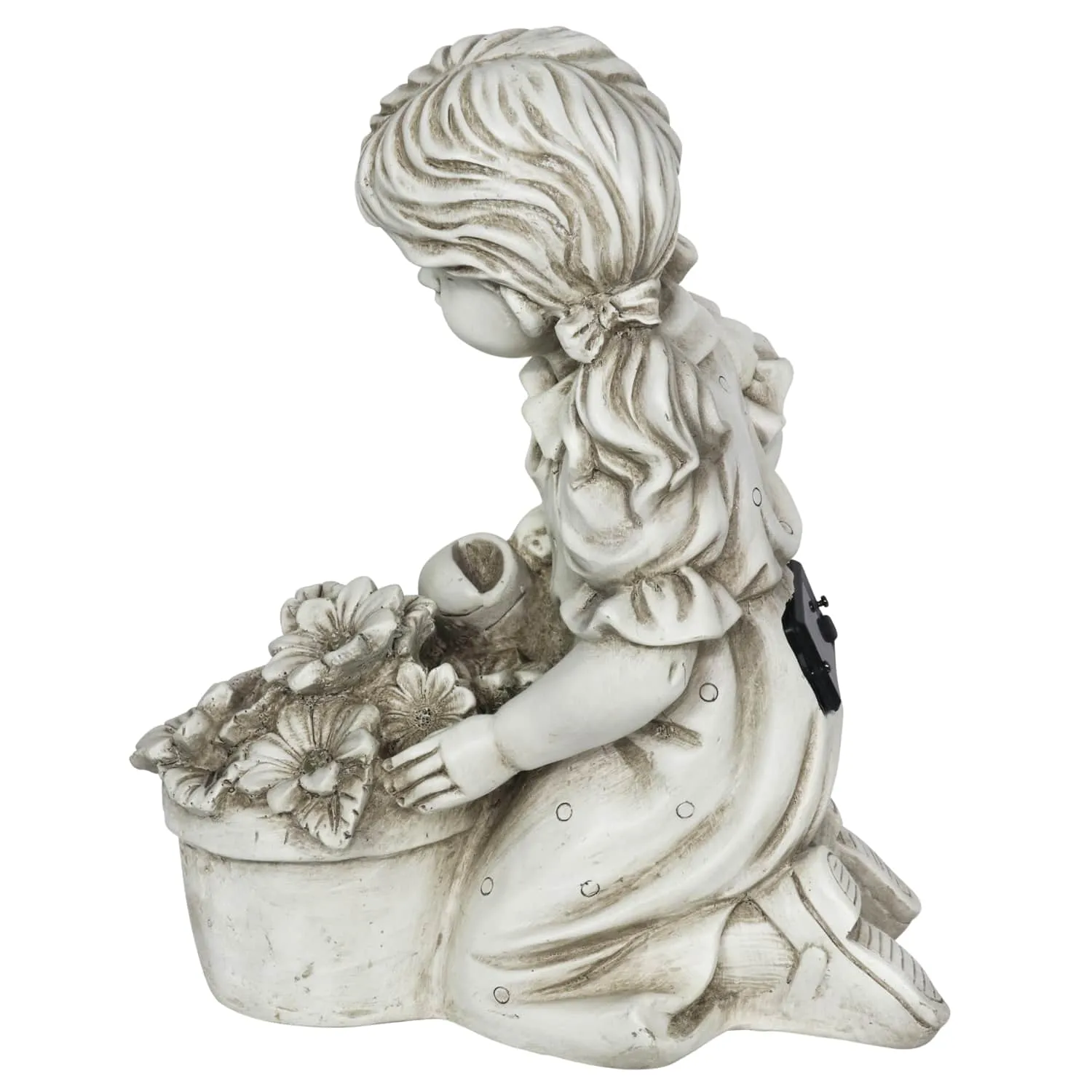 Solar Girl Watering Flowers Statue in Natural Resin Finish, 12 Inch