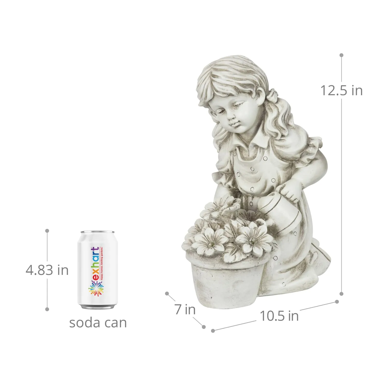 Solar Girl Watering Flowers Statue in Natural Resin Finish, 12 Inch