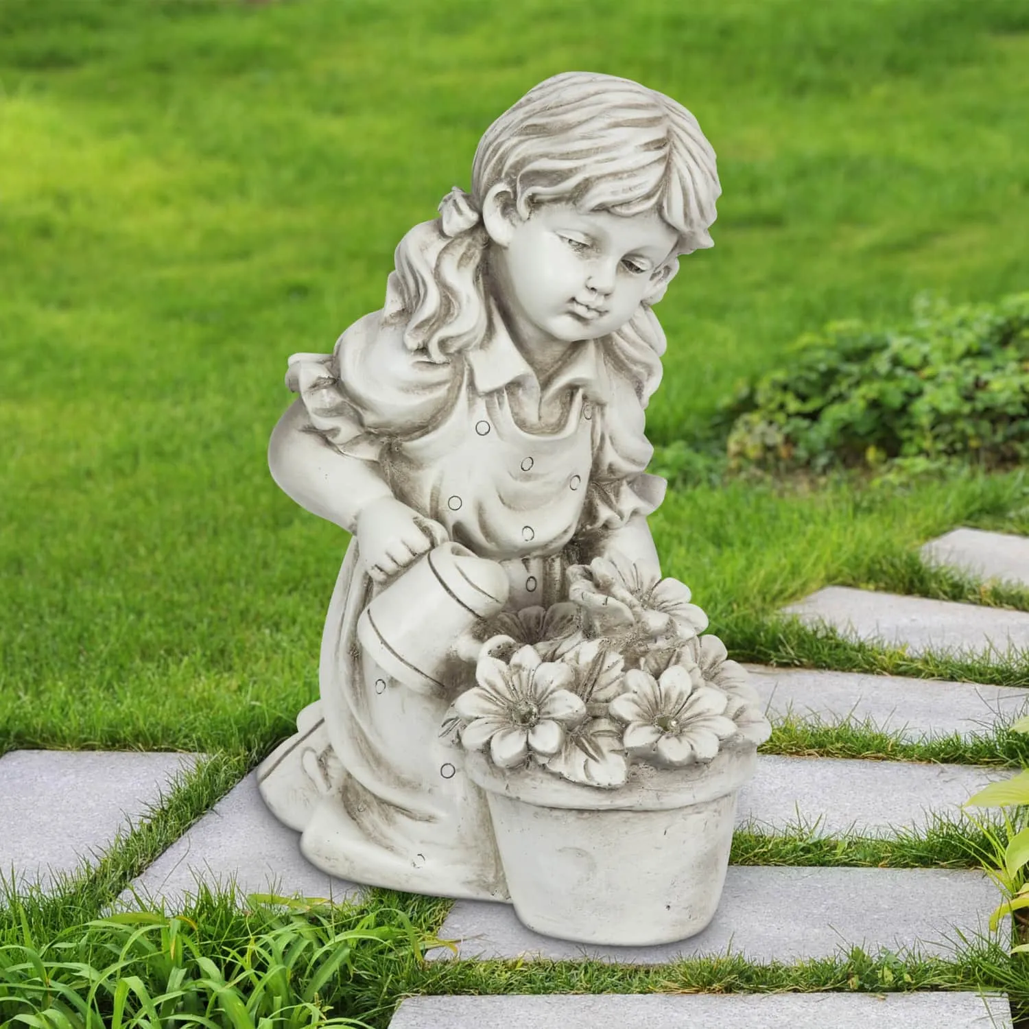 Solar Girl Watering Flowers Statue in Natural Resin Finish, 12 Inch