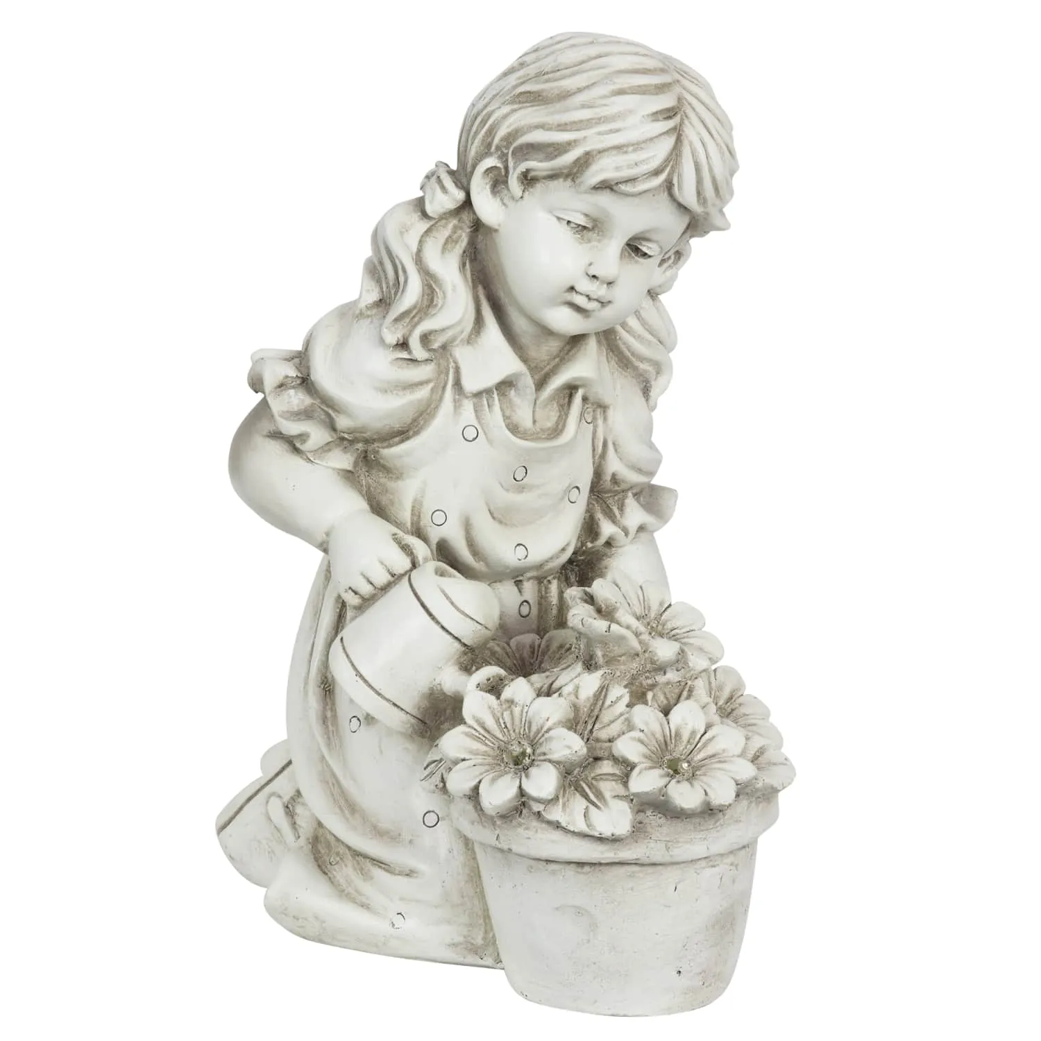 Solar Girl Watering Flowers Statue in Natural Resin Finish, 12 Inch