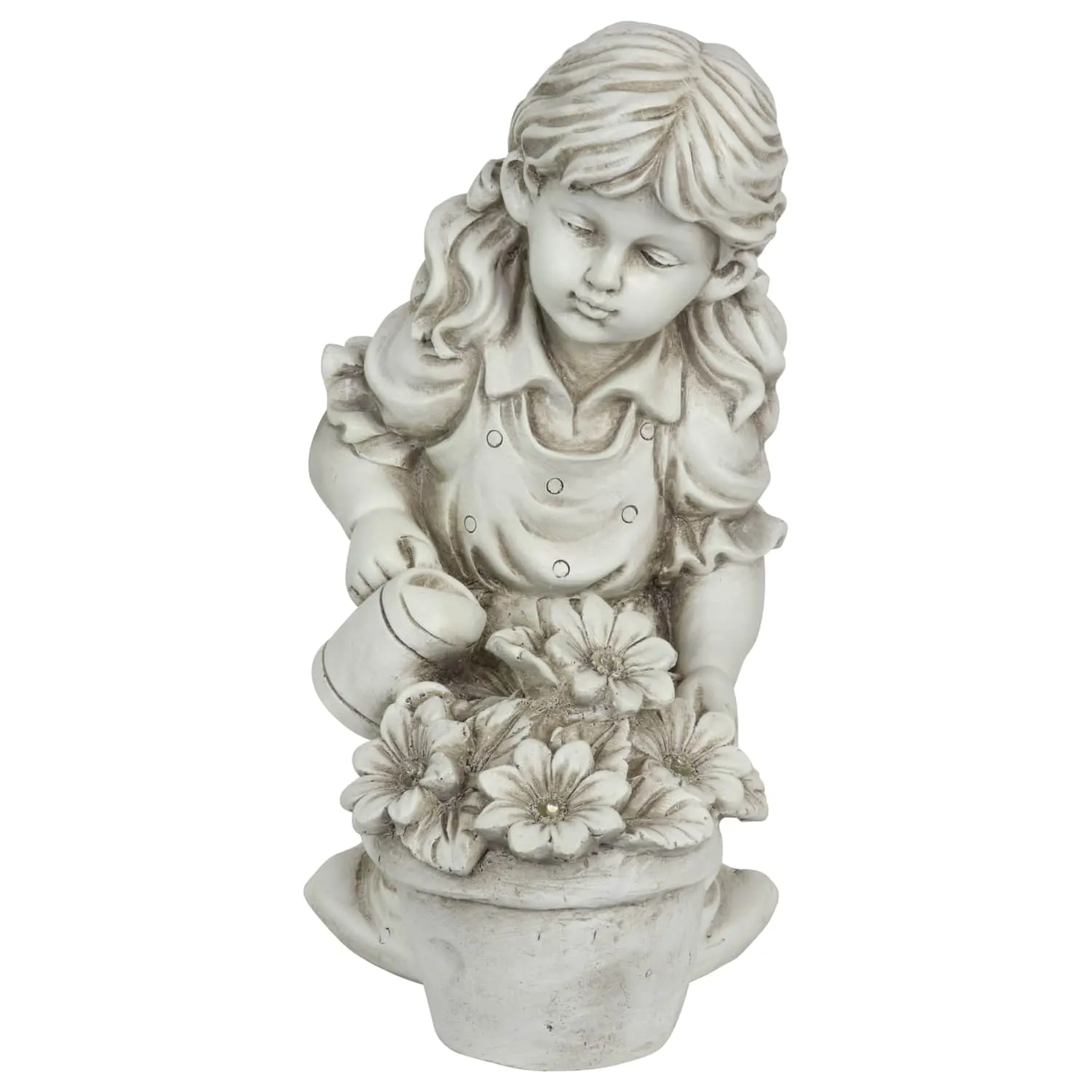 Solar Girl Watering Flowers Statue in Natural Resin Finish, 12 Inch