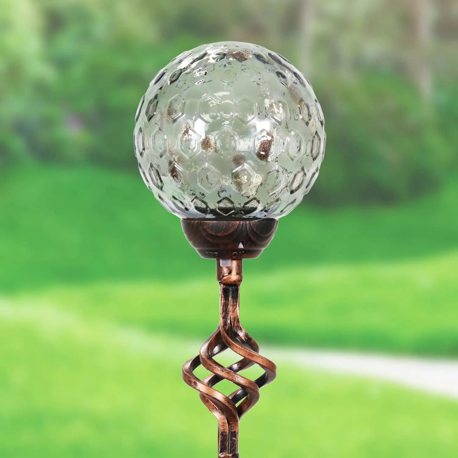 Solar Honeycomb Glass Ball Garden Stake with Metal Finial in Grey, 4 by 31 Inches