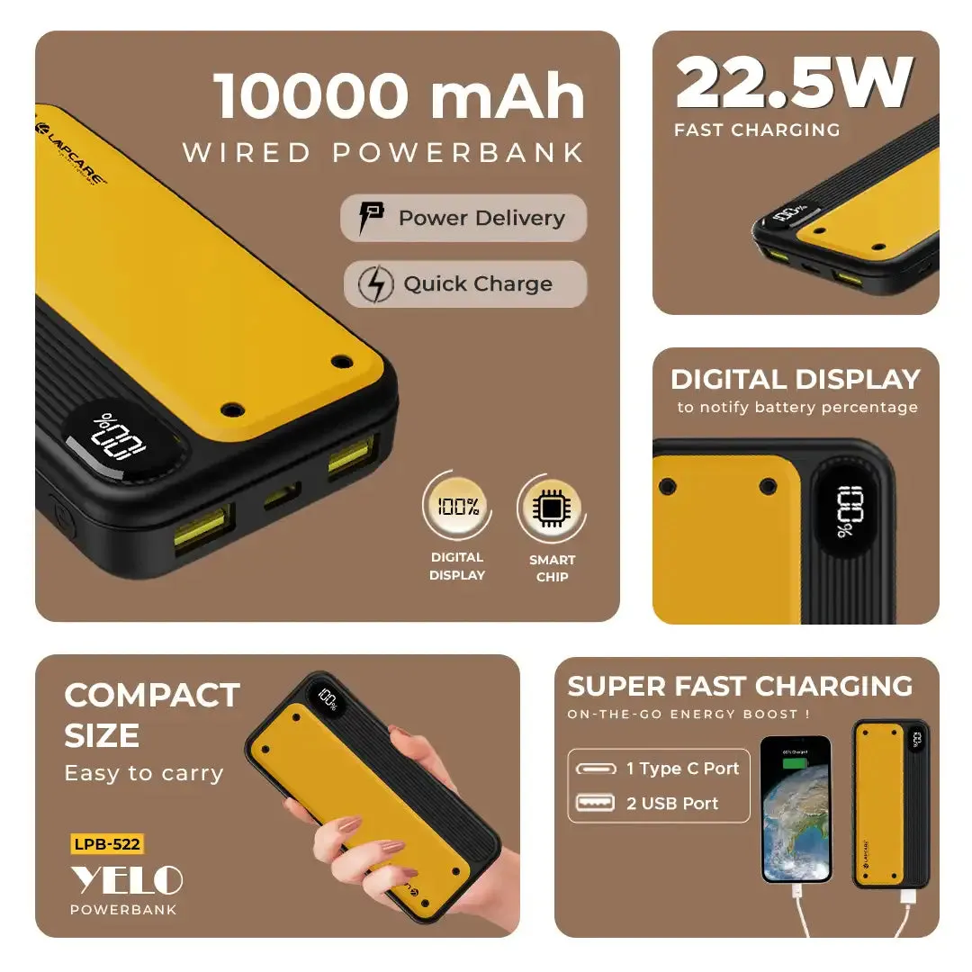 YELO 10000 mAh Portable Power Bank With Type C & 2 USB Ports (LPB-522)